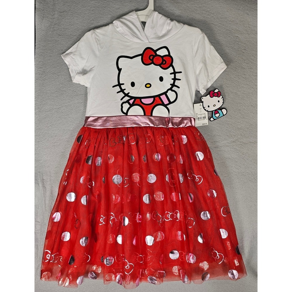 Hello Kitty Girls Hooded Tulle Dress Size S 6/7 Red White Metallic NWT